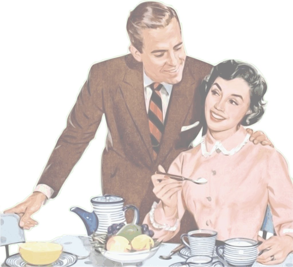 Traditional old-fashioned man and woman couple at breakfast.